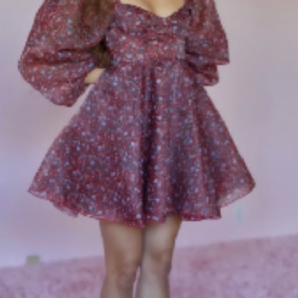 Selkie Red Floral Puff Sleeve Mini Dress - Picture 9 of 10